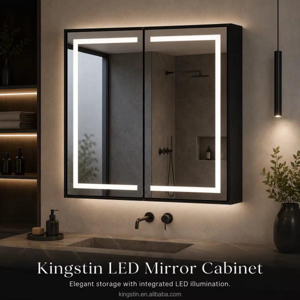 Kingstin Luxury Customizable LED Bathroom Mirror Cabinet with Anti-Fog Dimmable Light & Adjustable Storage Matte Black