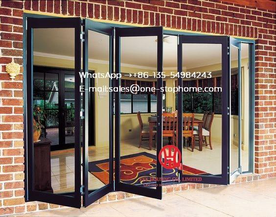 Aluminium Double Glass Folding Door for Entrance,Wooden Color Safety Glass Aluminum Folding Door