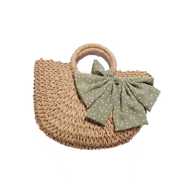 Brown Corn Skin Crochet Hand Bag Small With Green Scarf Bow Woven ODM