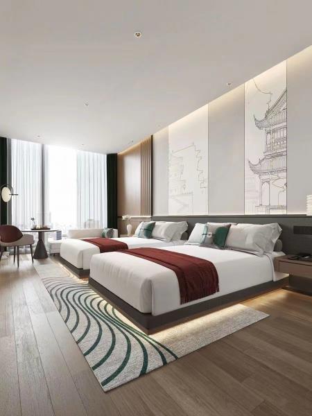 Luxury Modern Hotel Bedroom Furniture Sets Walnut Veneer Bed E1 Plywood Customized