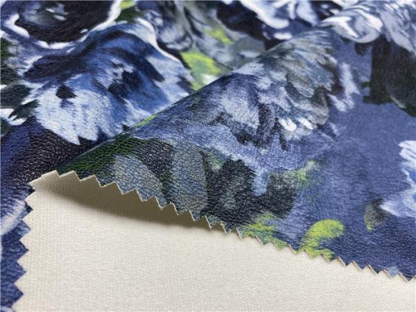 Viscose Backing Fabric Embossed Pu Leather Grey Blue Color Printed Flowers 330gsm Gram Weight