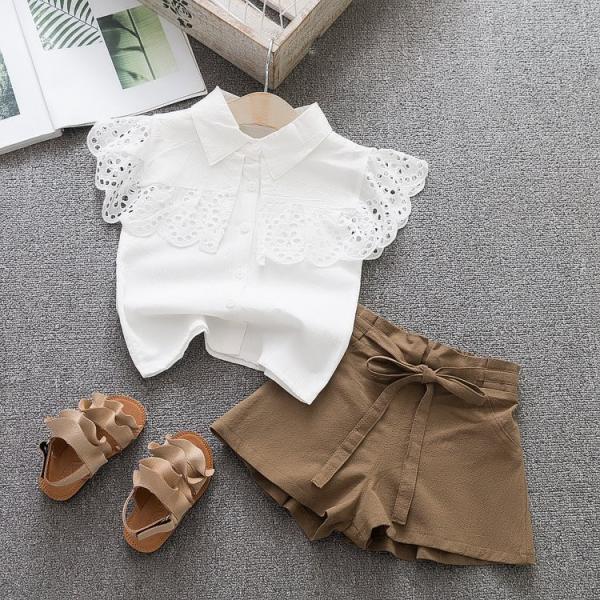 White Pink 21.5in Short Sleeve Short Set White Ruffle Shirt