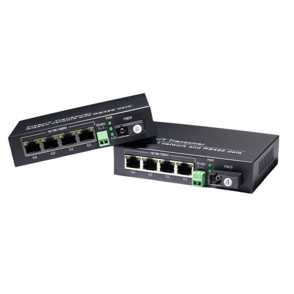 Fiber Transceiver 1 Channel Bi-Directional  RS485 Fiber Optic Converter with 4 Gigabit Ethernet Port