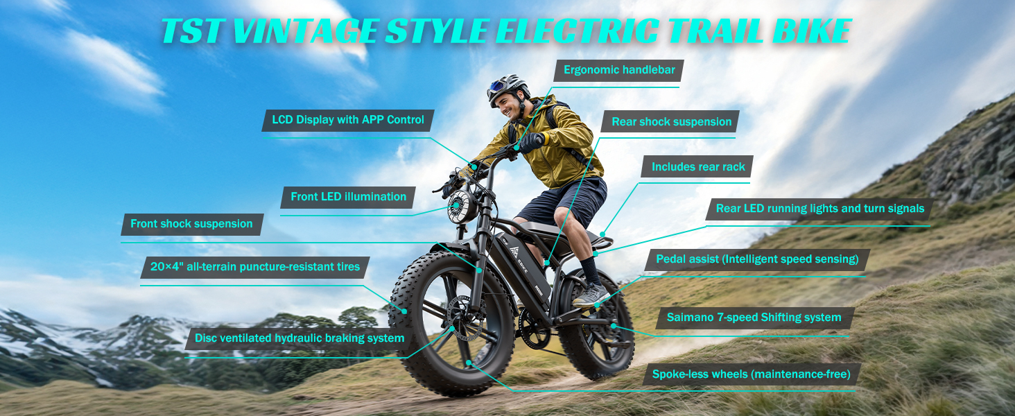 20''*4.0 1500W Sport Electric Bike Rear Hub Motor 48V Moped-style Fat Tire Bike 7-Speed Dual Suspension 15AH Lithium Battery