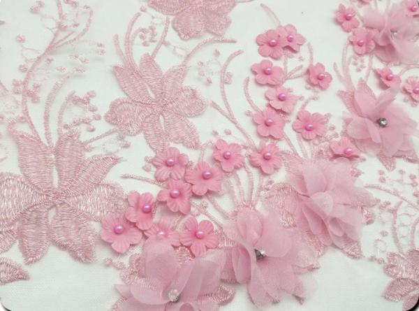 Polyester 3D flower embroidered Lace fabric with bead  for women garments