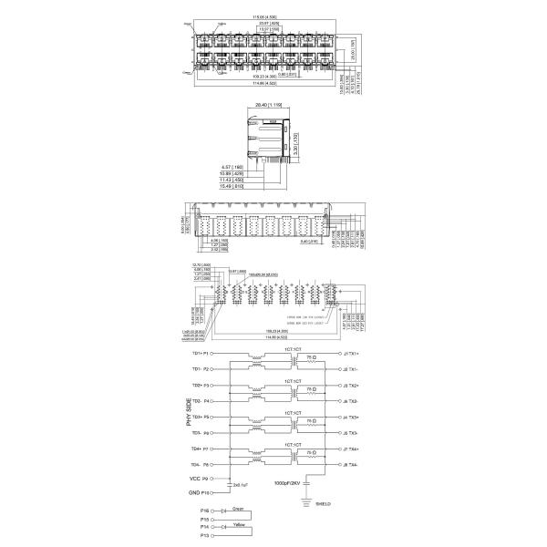 90° Angle Shielding Pcb Ethernet Connector Stacked 2 X 8 Ports Side Entry With Shielding