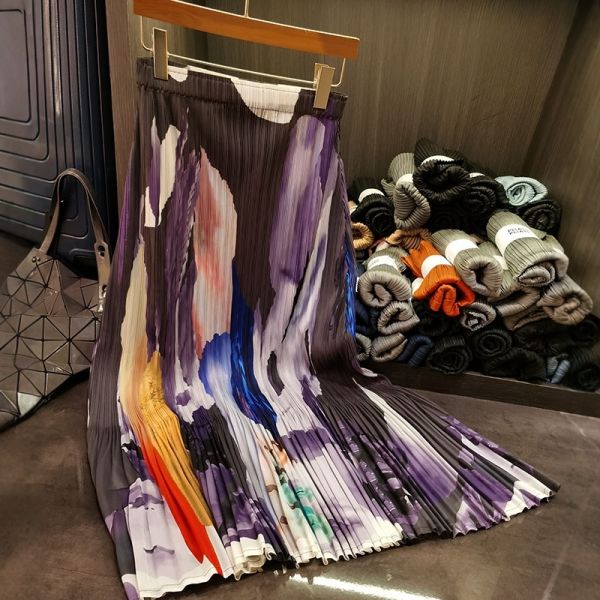 Women's Retro Style Summer Half Skirt New Casual Elastic Waist Pleated Mid-Length Design Oil Painting Contrasting Detail