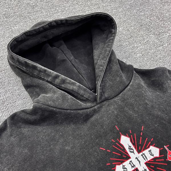 OEM / ODM Custom Screen Printing No String Pullover Hoodie Acid Washed Vintage Drop Shoulder French Terry Streetwear Hoodies Men