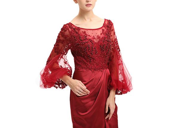Ruched Red Ladies Evening Dresses , Balloon Long Sleeve Wedding Gown