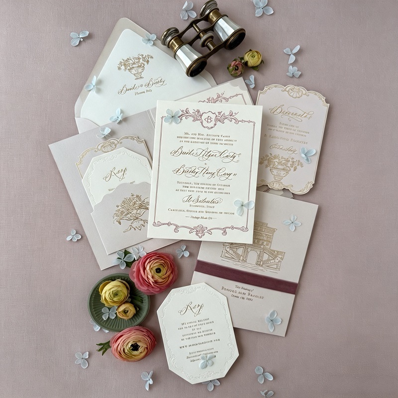 Wedding Invitation Suites With Velvet Ribbon Pocket And Foil Stamping