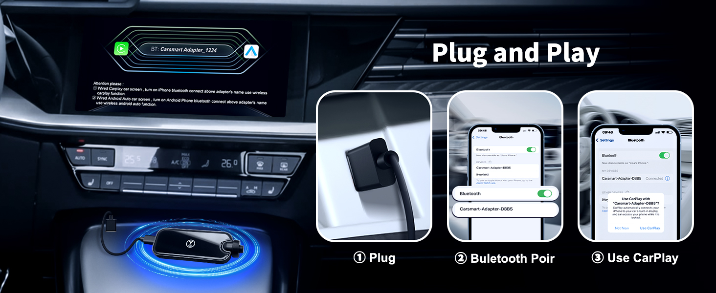 Portable Wireless Carplay Android Auto Adapter Bluetooth Dongle 2 In 1