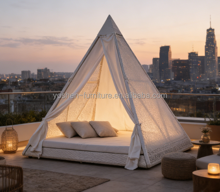 Triangular Patio Cabana With Curtain Wicker Plastic Canopy Sunbed Backyard Rattan UV Resist Day Bed