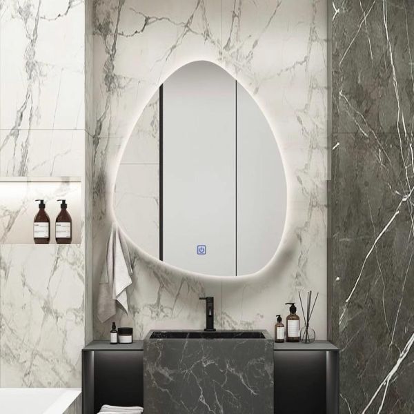 Kingstin Asymmetrical LED Bathroom Mirror Pebble Irregular Wall Mounted Lighted Vanity Mirror 3 Colors Dimmable