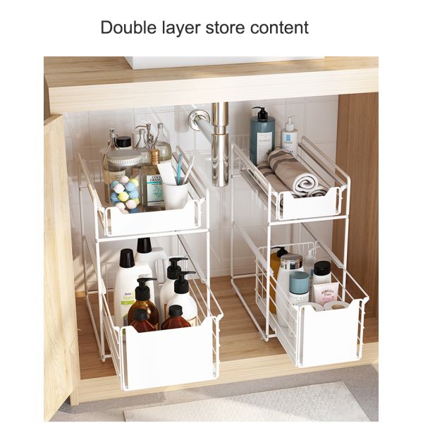 Upgraded Foldable Push-pull Metal Double-layer Bathroom Storage Organizer Under Sink Storage Rack for Kitchen Cabinet Countertop