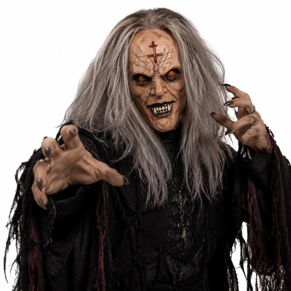 Scary Demonic Elder Zombie Latex Full Head Mask with Gray Hair Wrinkled Rotting Skin Red Glowing Eyes Sharp Horror Teeth Realistic Horror Costume Prop for Halloween Cosplay Party Haunted House