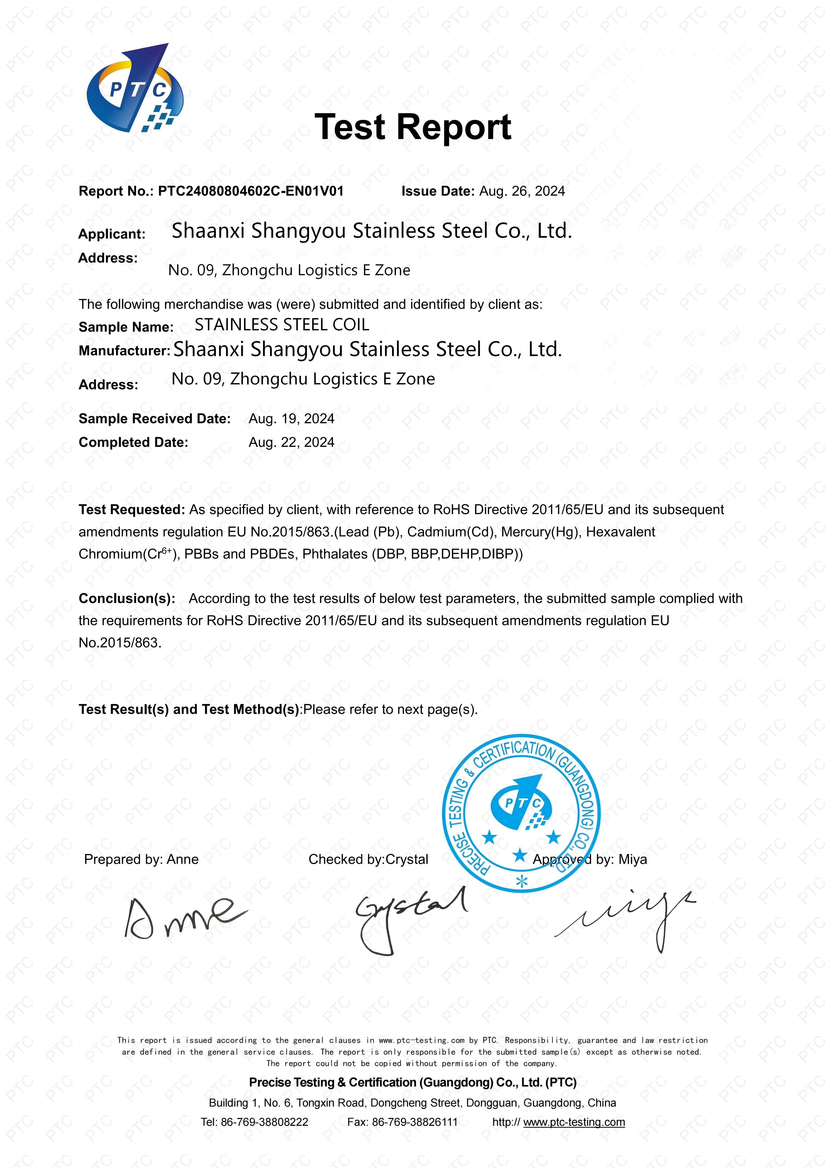 Shaanxi Shangyou Stainless Steel Co., Ltd. Certifications
