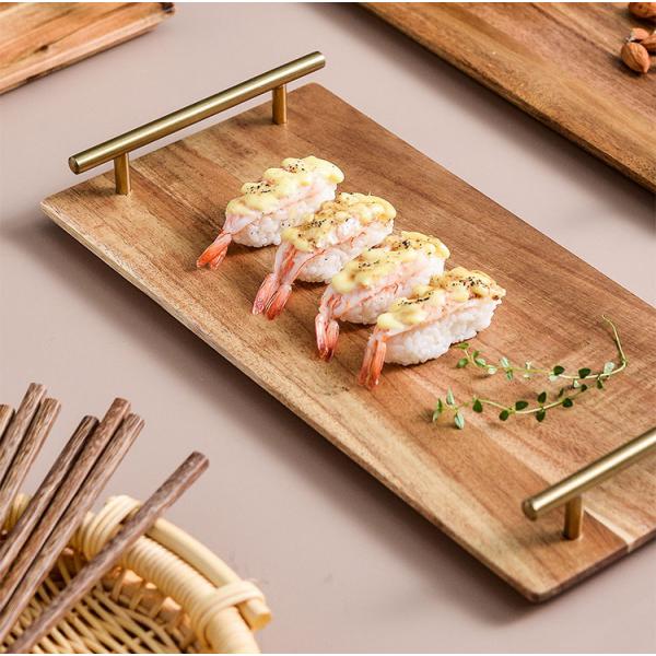 bandeja de servicio de madera con mangos de metal, platos de servicio de decoración de granja con estilo, tabla de servicio de madera para otomana o pieza central