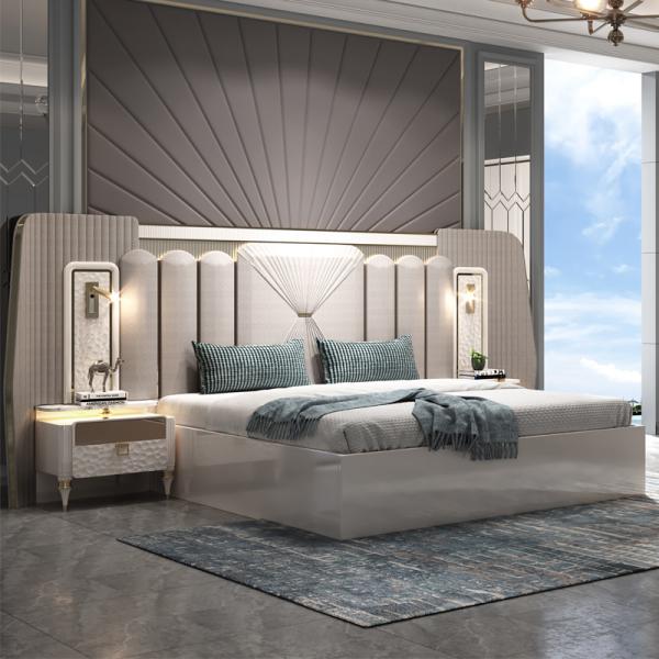 New Design Modern Lighted Headboard Wood King Size Bed Room Set Double Wooden Frame Full Luxury Home Furniture Bedroom Sets
