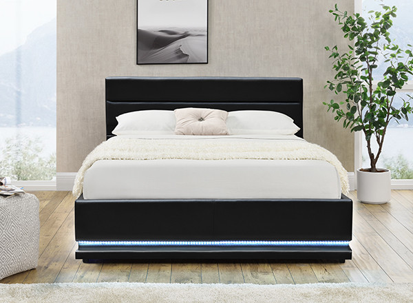 Black Faxu Leather Ottoman LED Storage Bed
