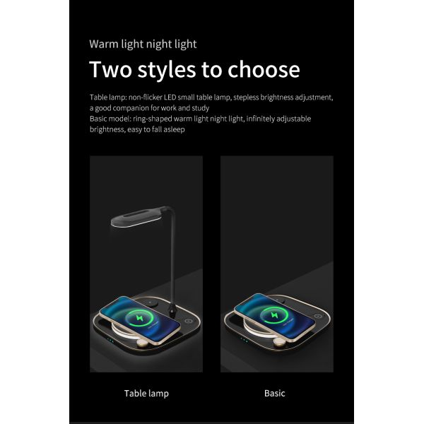 Triple in one high-speed charging, Endless dimming night light,Multi functional wireless charger, bedside table top
