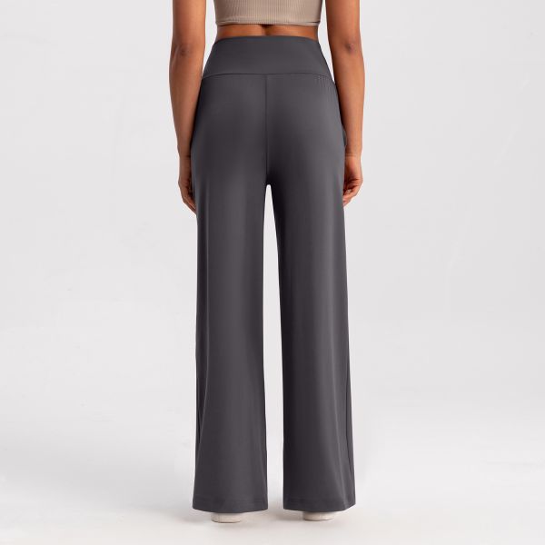 Soft Stretch Fabric Women's Wide Leg Yoga Pants High Waisted Blue with Pockets