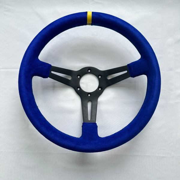 DELUXON Universal Blue Suede Racing Steering Wheels 350mm 70MM Dish 6 Bolt With Black Stitching Black Spoke 