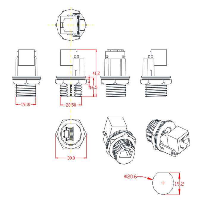 Гнездо держателя панели соединителя IP67 24AWG 2.4A RJ45 водоустойчивое прямое