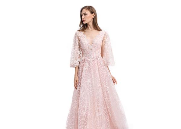 V Neck Pink Half Sleeve Prom Dress , Organza Evening Dresses With Sleeves