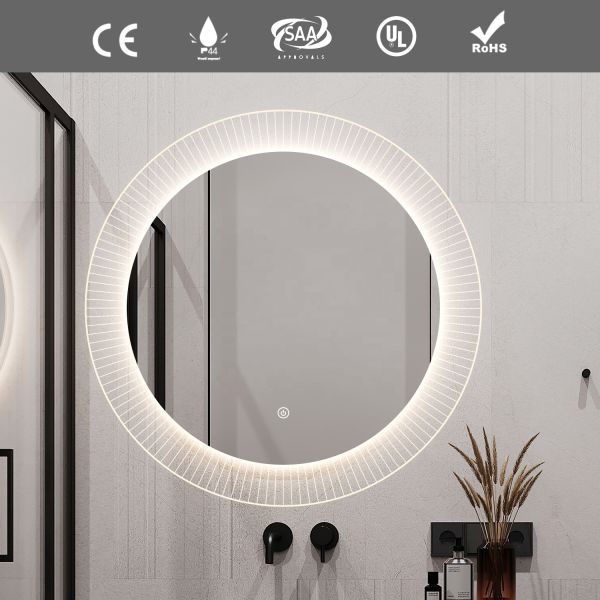 Luxury Striped Acrylic Round LED Framed Mirror High Brightness Decorative Wall Mirror