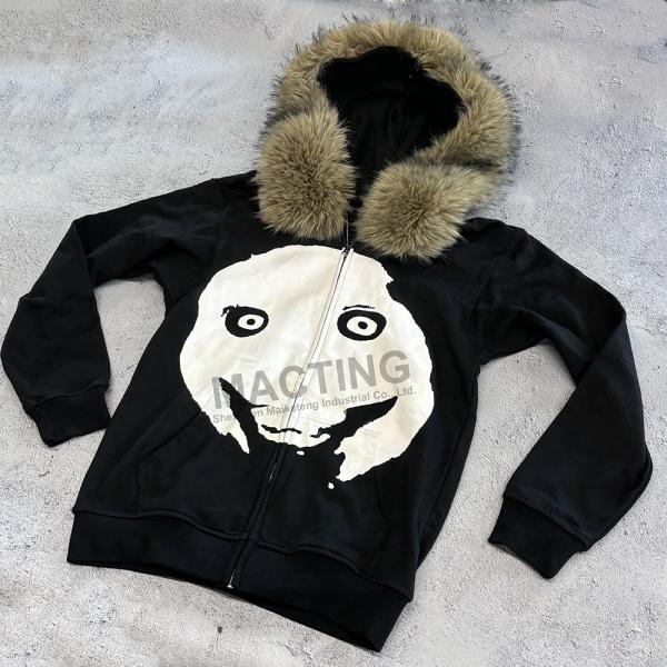 Custom Winter Thick Faux Fur Hooded Zip Up Hoodie in Boxy Cropped Zipper Jacket Style for Men
