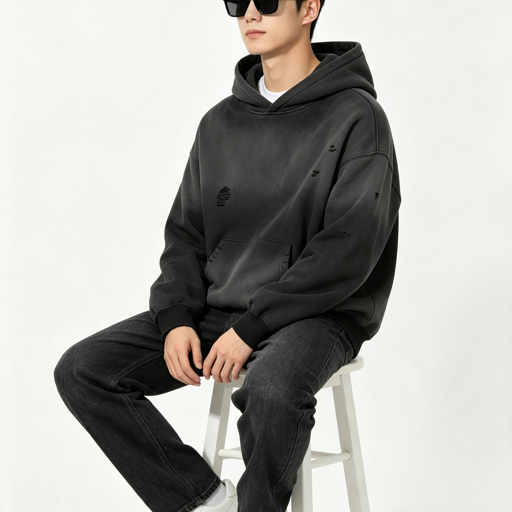Men’s Distressed Gradient Hoodie Oversized Fleece Lined Streetwear Casual Pullover