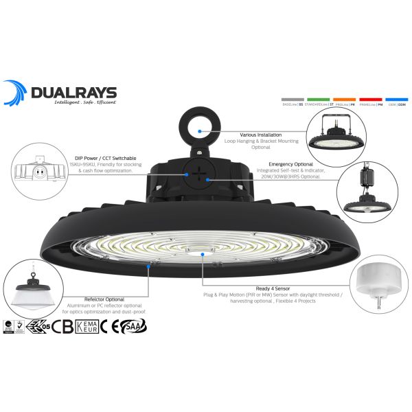 HB3 DIP Switchable Power and 3CCT UFO LED High Bay Light 100W 192LPW with Ready for Sensor (PIR/Motion Sensor)
