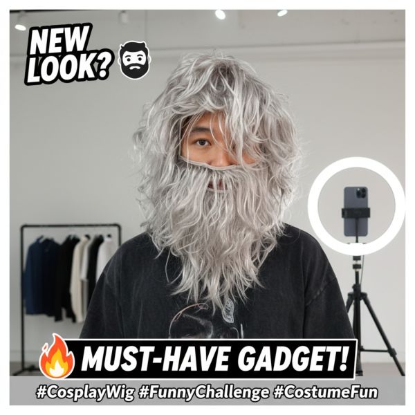 Realistic Grey Wig and Beard Set for Men, Long Silver Hair Old Man Costume, Wizard Hermit Caveman Cosplay for Halloween Party