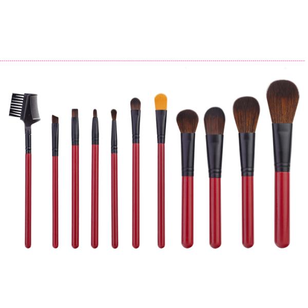 11 Pcs Synthetic Hair Red Natural Makeup Brush Set With Aluminum Ferrule