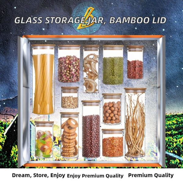 High Borosilicate Glass Canister Storage Jar With Bamboo Lid Silicone Ring Desktop Use