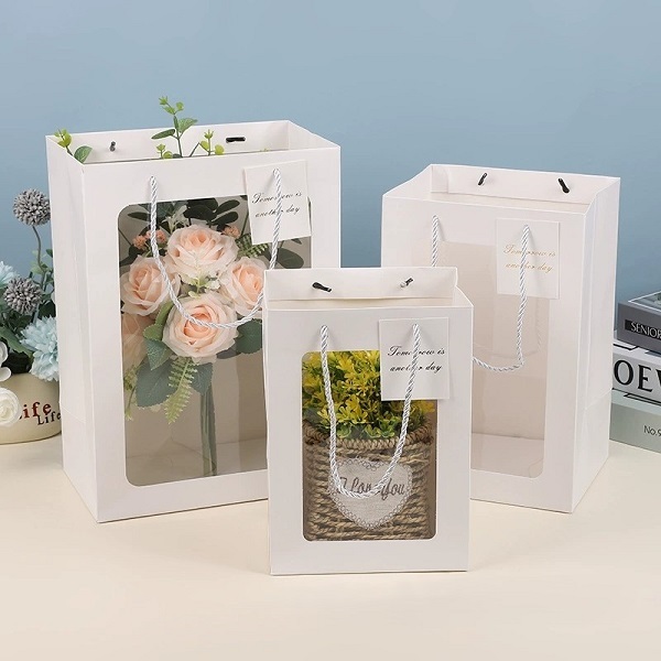 Clear Window Paper Gift Bags with Handles for Flower Packaging