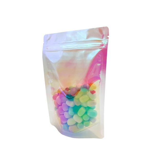 Custom Rainbow Holographic Pink Color Stand Up Pouches with Resealable Zipper for Packaging Food, Candies, Accessories,