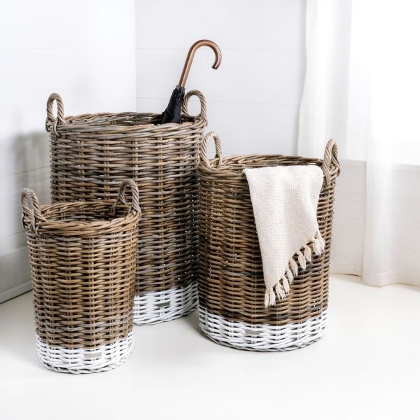 Hand-Woven Rattan Nesting Wicker Storage Baskets W/ Wheels And Handles, Seagrass Container For Decoration In Bedroom, Laundry Room,White Wash/Kubu Gray