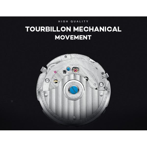 KINYUED genuine leather tourbillon mens automatic watch skeleton mechanical watch luminous watch