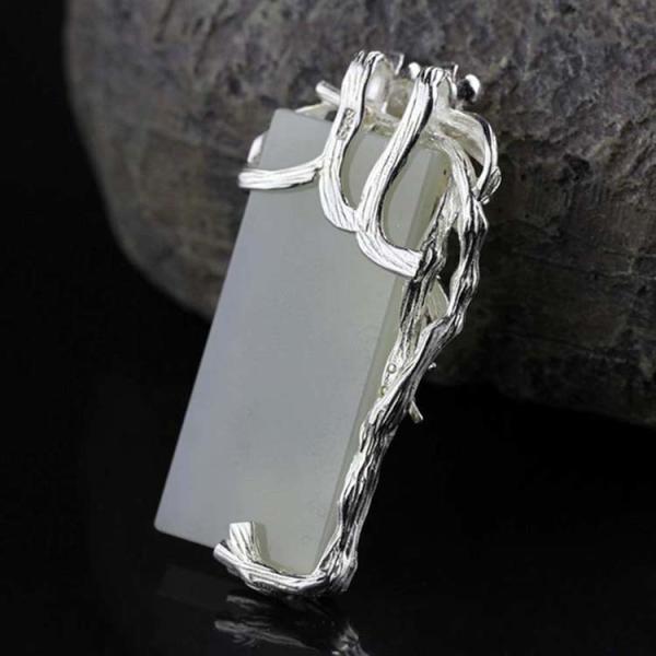 925 Sterling Silver Sculptured Flower Bird Natural Jade Pendant Necklace (DZ011049)