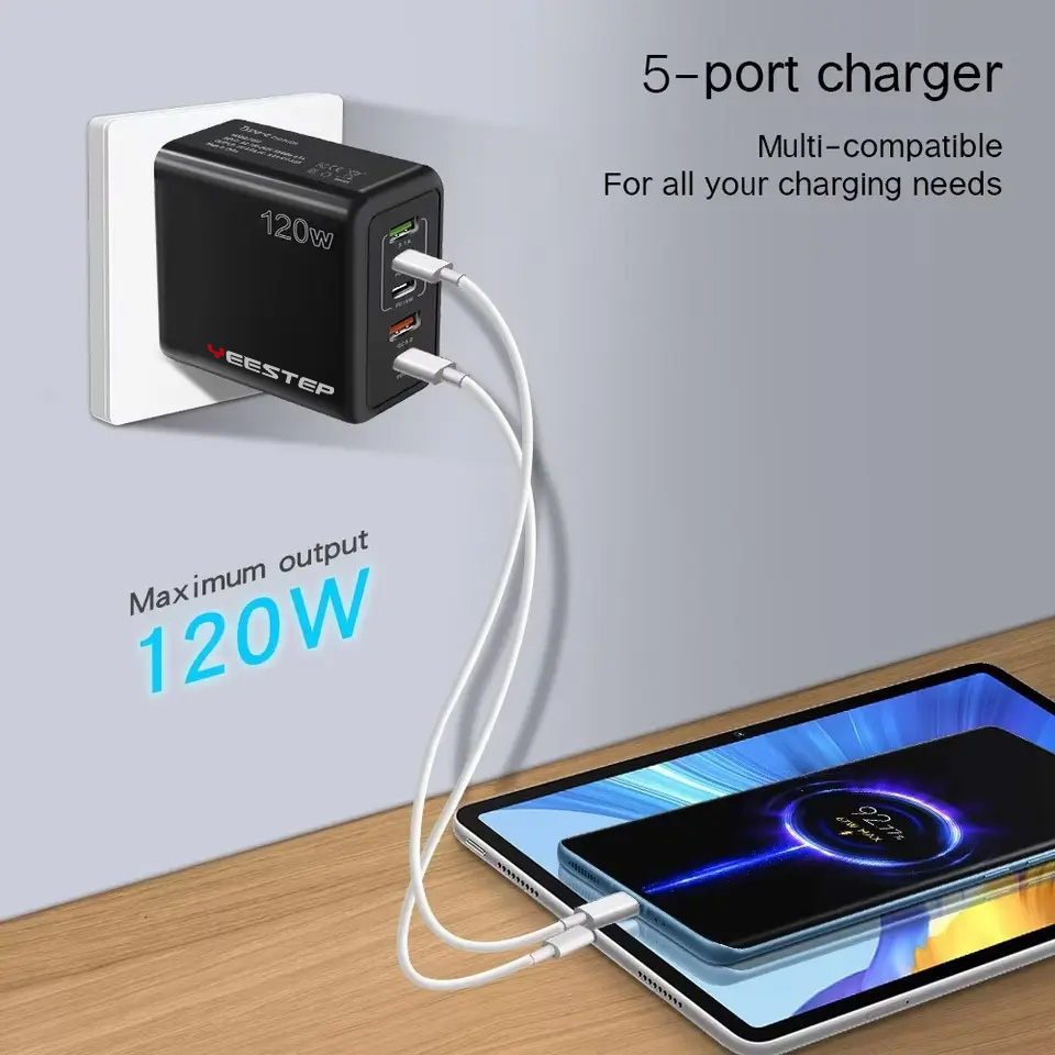 Yeestep E-bike 120W Wall Charger 3USB + 2C Plastic Fast Charging Adapter for Android Phones EU/UK/US
