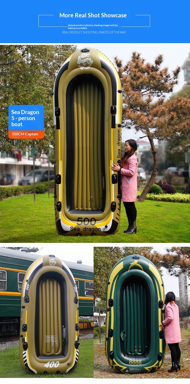 New Thickened Inflatable Kayak Rubber Dinghy Fishing Boat Air-Cushion Craft Lifeboat Outdoor Watercraft 480L Capacity 2-5