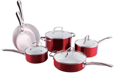 9pcs germany metallic outside coated aluminum white ceramic marble cookware set