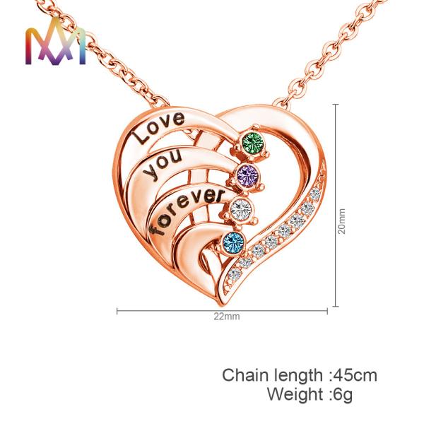 45cm Stainless Steel Heart Pendant Necklace With Birthstone Inlayed Engraving Jewelry Gifts