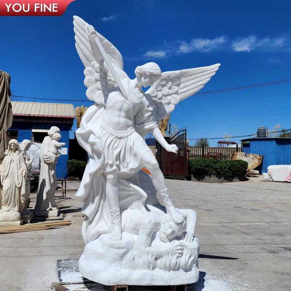 Outdoor Church Religious White Life Size Marble Saint Michael Angel Statue Stone