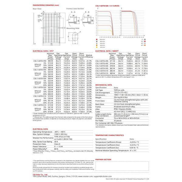 TOPBiHiKu6 CS6.1-60TB Solar PV Panels 490W-515W N-Type Bifacial Dual Glass Solar Module