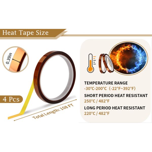 4 Rolls High Temperature Heat Resistant Adhesive Tape 10mm X 33m (108ft) for Sublimation Heat Press Electronics Soldering