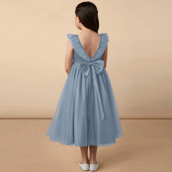 Popular Girl Kids Dress Blue Tulle OEM ODM Baby Flower Girl Dresses Sleeveless Round Neckline Ruffles Ball Gown Retailer