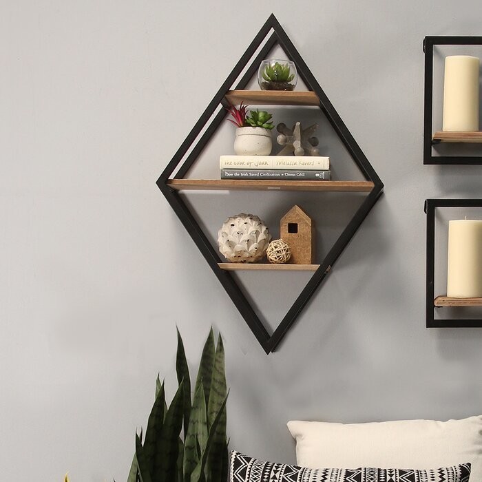 3 Tiers Metal Wooden Diamond MDF E1 Wall Floating Square Shelves for Stylish Display