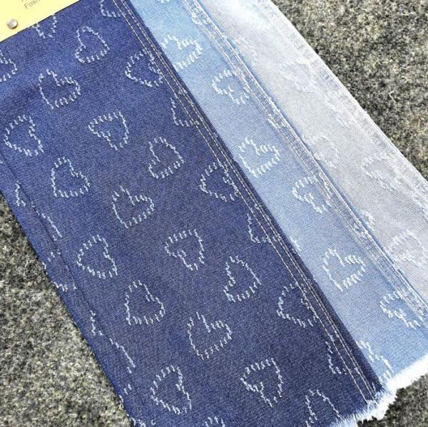 Embroidered Style Stretch Heart Shape Pattern Blue Denim Fabric For Women Jeans 10.6 Oz JSD3077 10*7OE Yarn Count